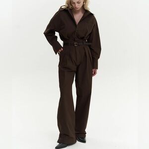 BUTTON DETAILED UTILITY JUMPSUIT BROWN